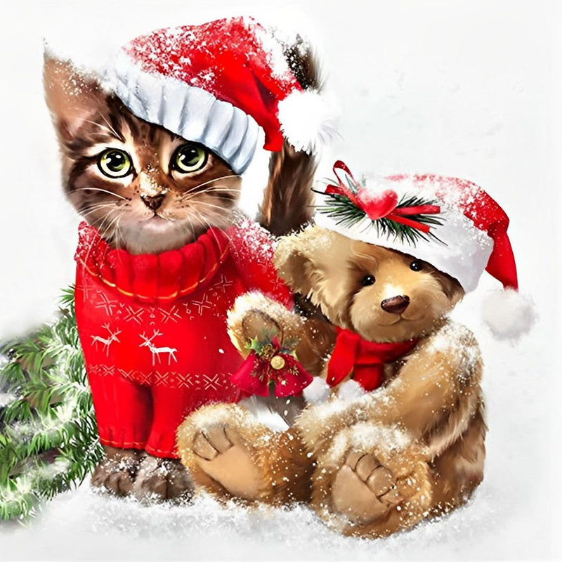 Katze und Teddybär mit Weihnachtsmützen Diamond Painting