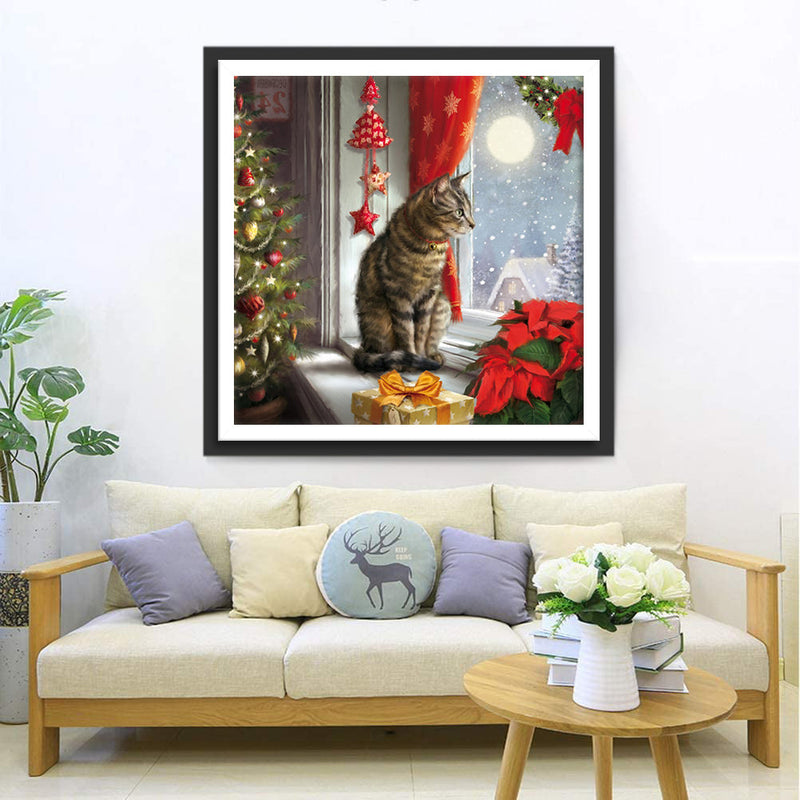 Katze und Weihnachtsgeschenk vor dem Fenster Diamond Painting