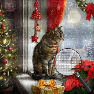 Katze und Weihnachtsgeschenk vor dem Fenster Diamond Painting