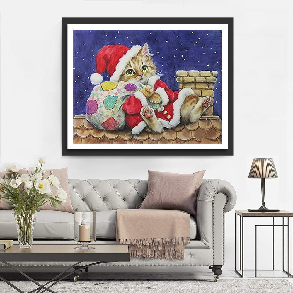 Katze und Weihnachtsgeschenke auf dem Dach Diamond Painting