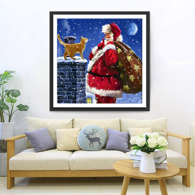 Katze und Weihnachtsmann neben dem Schornstein Diamond Painting