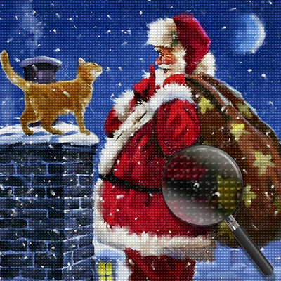 Katze und Weihnachtsmann neben dem Schornstein Diamond Painting