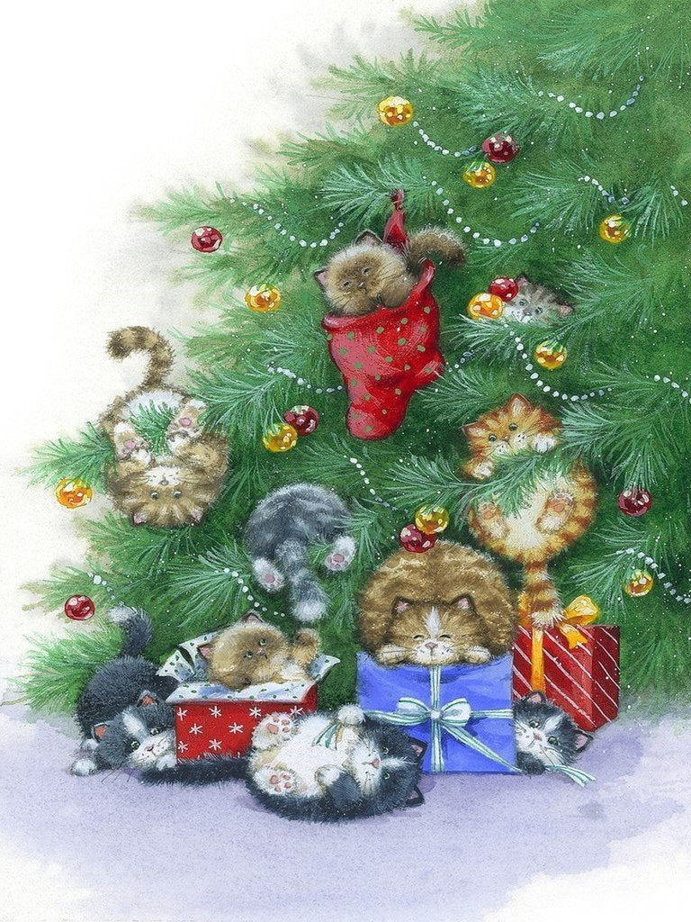 Katzen am Weihnachtsbaum Diamond Painting