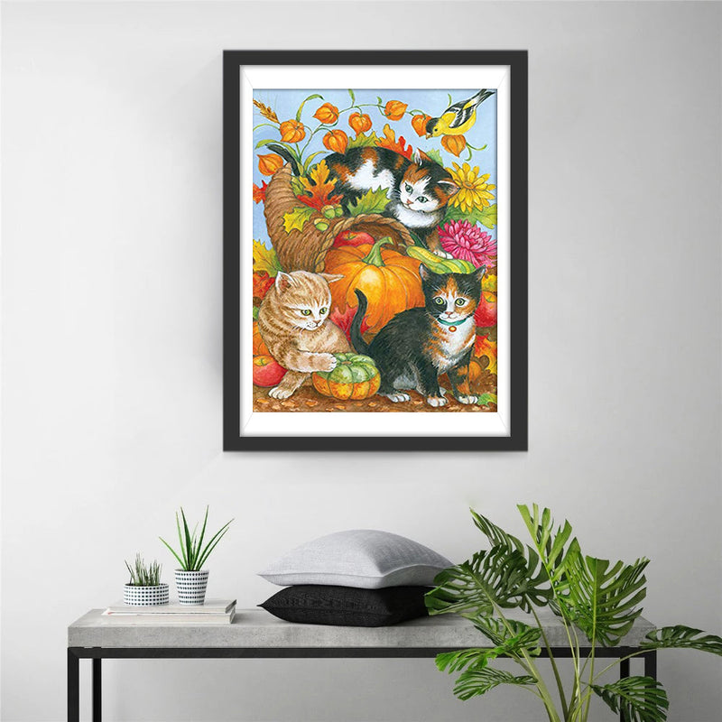Katzen, Kürbis und Blumen Diamond Painting