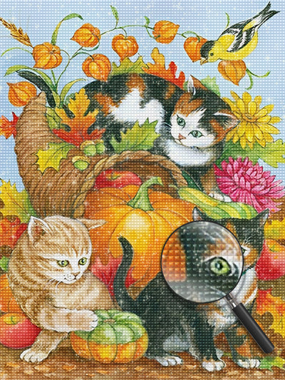 Katzen, Kürbis und Blumen Diamond Painting
