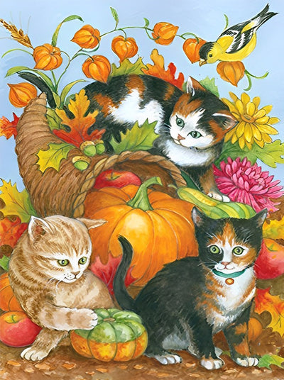 Katzen, Kürbis und Blumen Diamond Painting