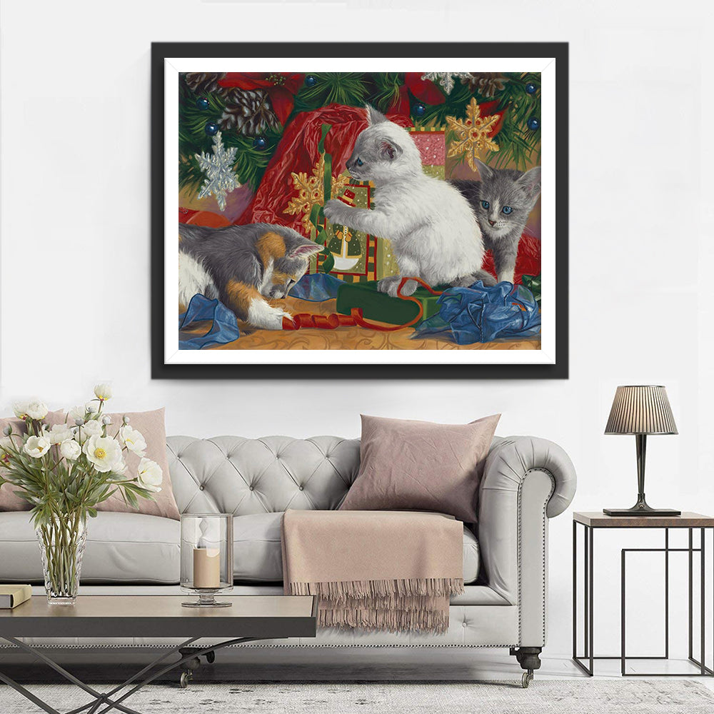 Katzen mit Weihnachtsgeschenken Diamond Painting
