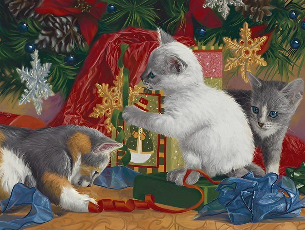 Katzen mit Weihnachtsgeschenken Diamond Painting