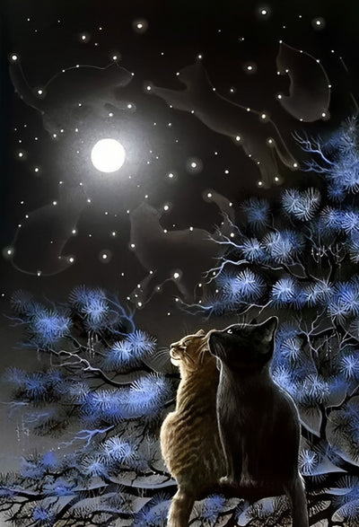 Katzen Mond Baum Diamond Painting