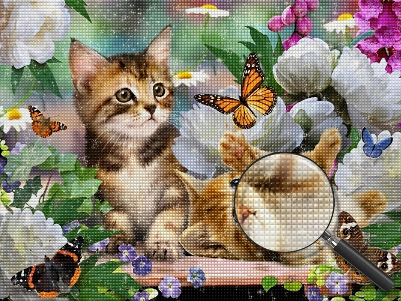 Katzen, Schmetterlinge und Blumen Diamond Painting