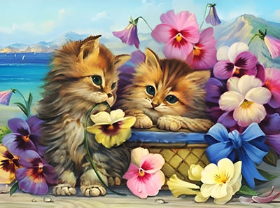 Katzen und bunte Blumen Diamond Painting