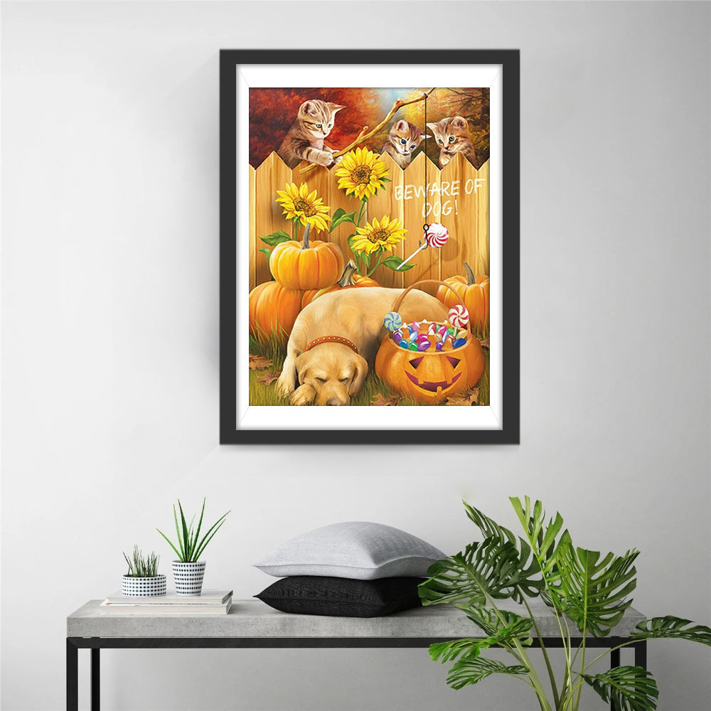 Katzen und Hund an Halloween Diamond Painting
