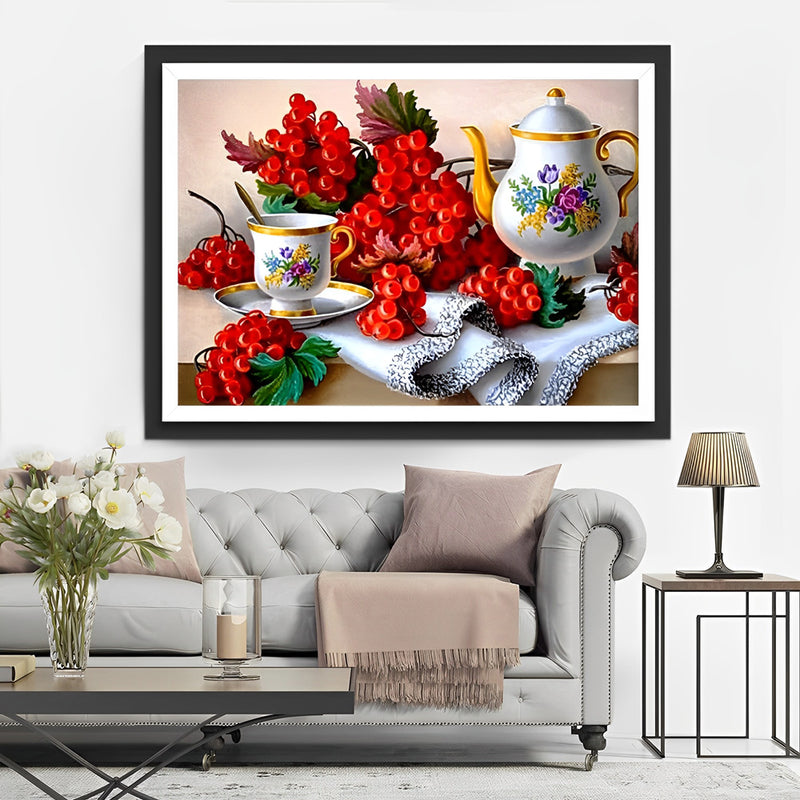 Keramikgeschirr und rote Beeren Diamond Painting