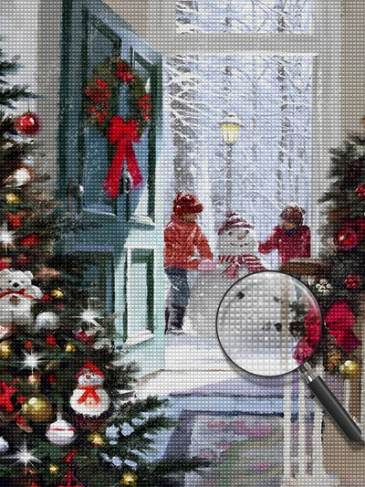 Kinder und Schneemann an Weihnachten Diamond Painting