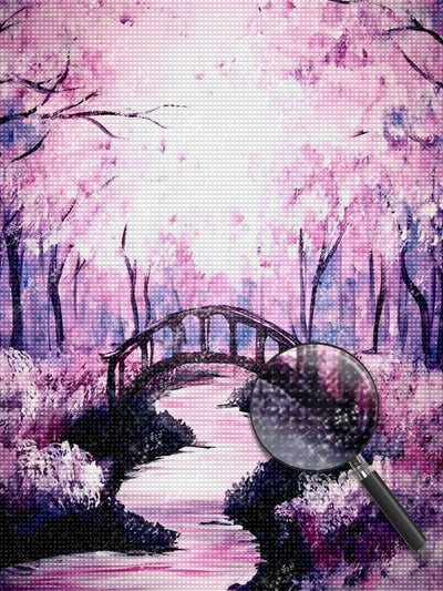 Kleine Brücke und fließendes Wasser im rosa Wald Diamond Painting