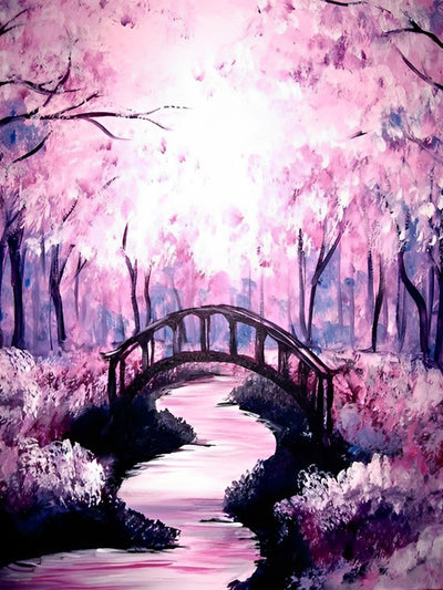 Kleine Brücke und fließendes Wasser im rosa Wald Diamond Painting