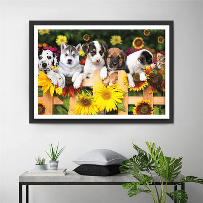 Kleine Hunde im Sonnenblumengarten Diamond Painting