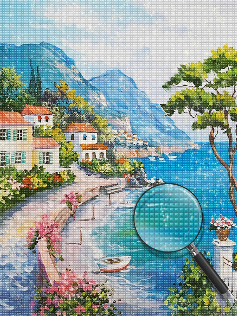 Kleine Stadt am Meer und Hochgebirge Diamond Painting