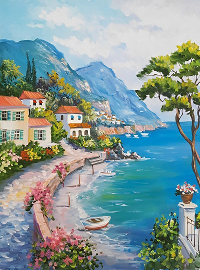 Kleine Stadt am Meer und Hochgebirge Diamond Painting