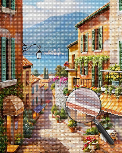 Kleine Stadt am Meer und Straße mit Steinstufen Diamond Painting