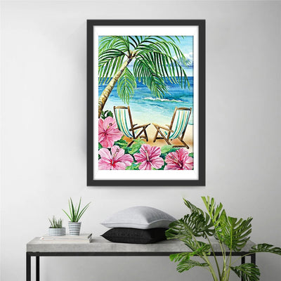 Kokospalme, Hibiskusblüten und Strand Diamond Painting