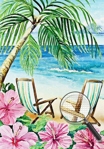 Kokospalme, Hibiskusblüten und Strand Diamond Painting