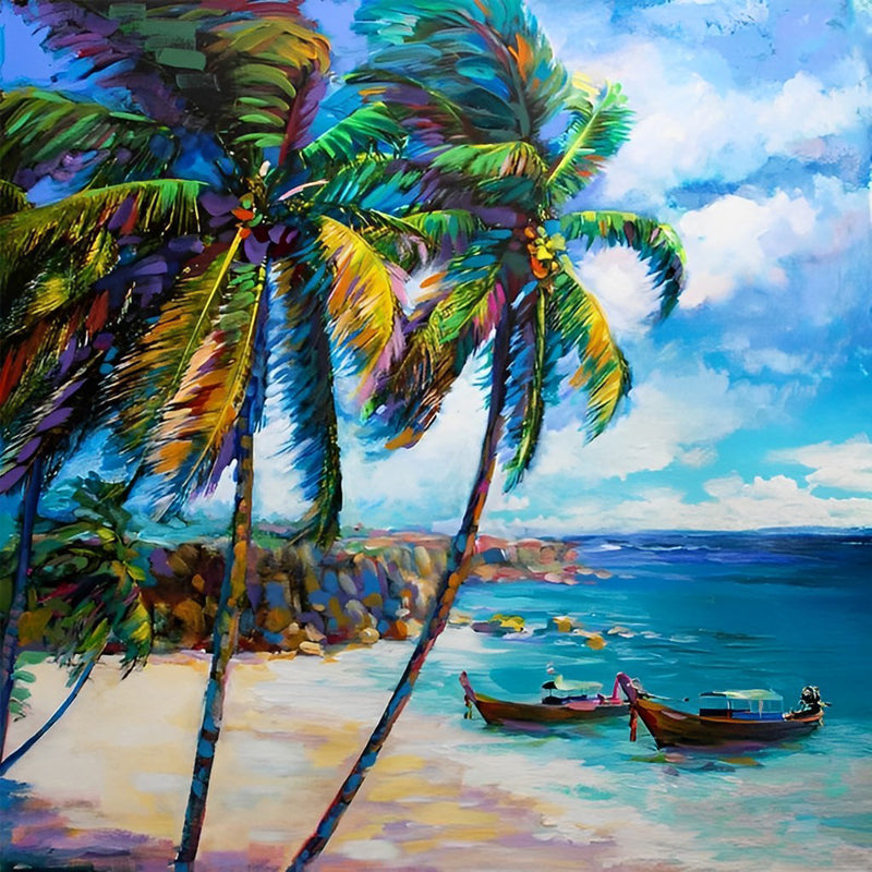 Kokospalmen und Boote am Meer Diamond Painting