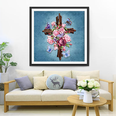 Kreuz, Blumen und Schmetterlinge Diamond Painting