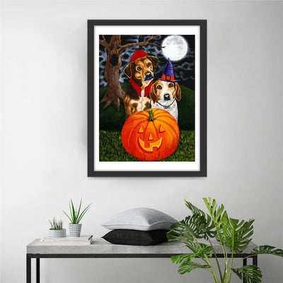 Kürbislaterne, Hunde und Vollmond Diamond Painting