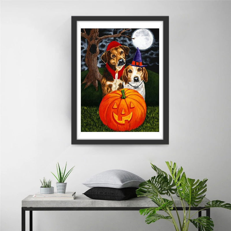 Kürbislaterne, Hunde und Vollmond Diamond Painting