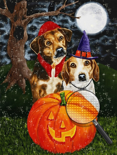 Kürbislaterne, Hunde und Vollmond Diamond Painting
