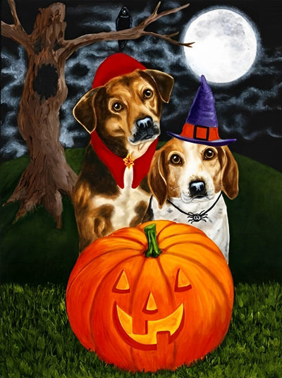 Kürbislaterne, Hunde und Vollmond Diamond Painting