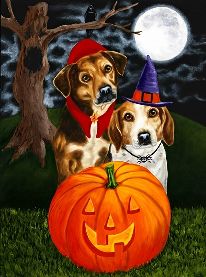 Kürbislaterne, Hunde und Vollmond Diamond Painting