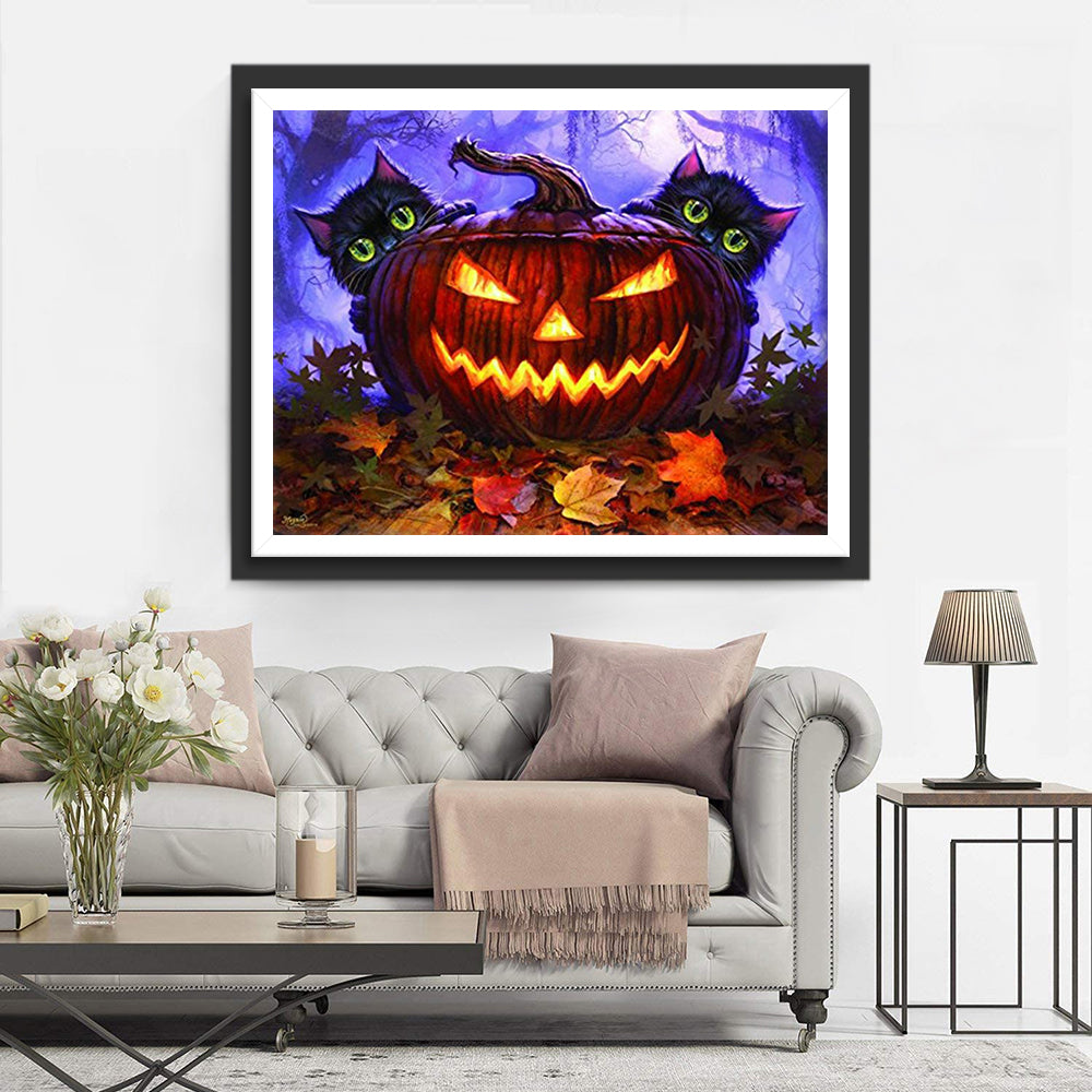Kürbislaterne und schwarze Katze Diamond Painting