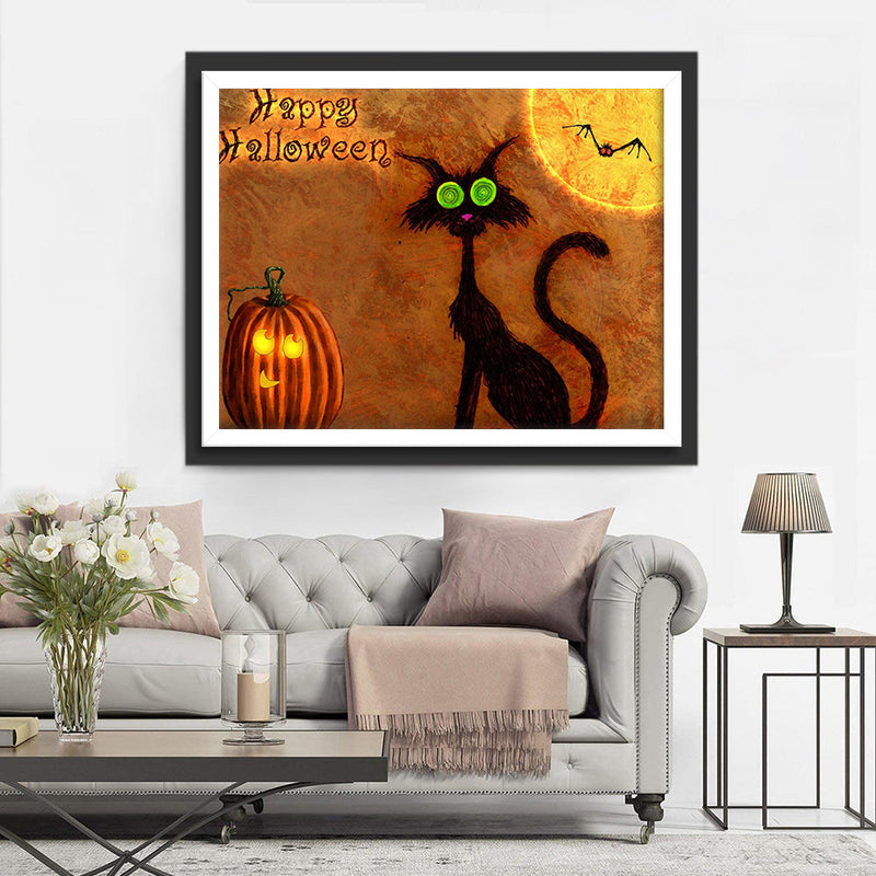 Kürbislaterne und schwarze Katze Diamond Painting