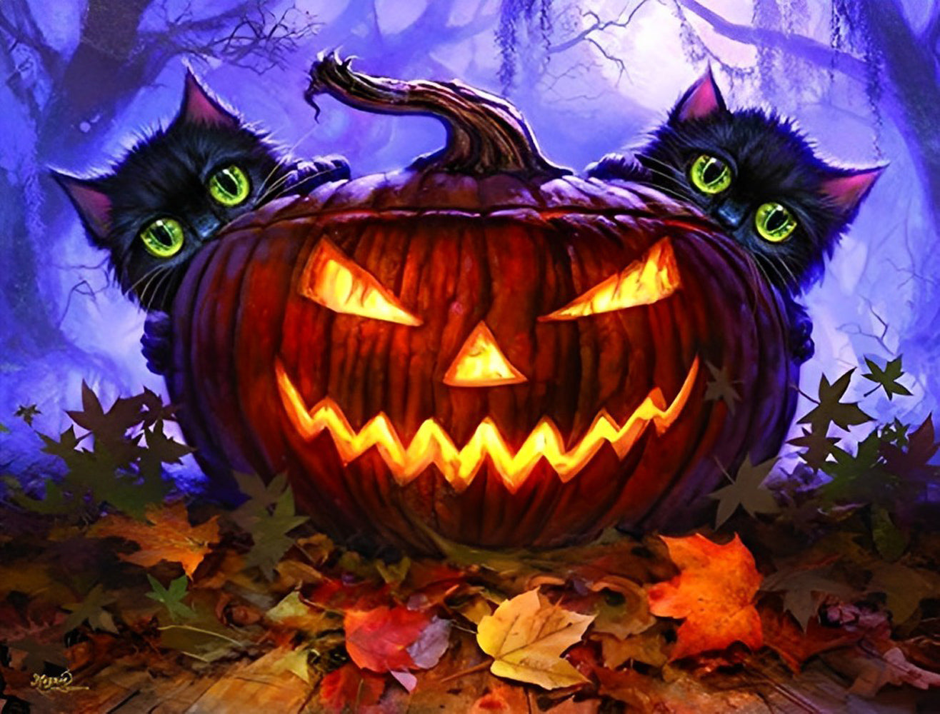 Kürbislaterne und schwarze Katze Diamond Painting