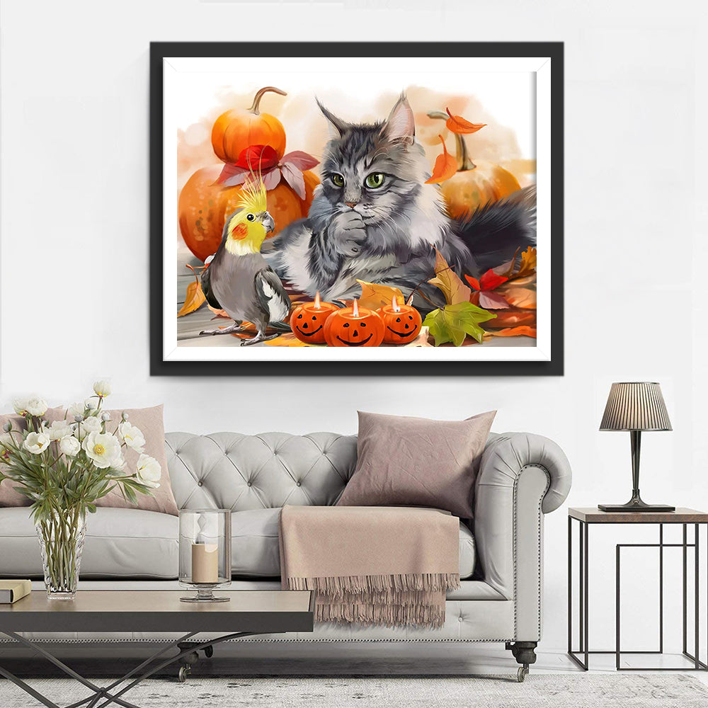 Kürbislaternen, Katze und Papagei Diamond Painting