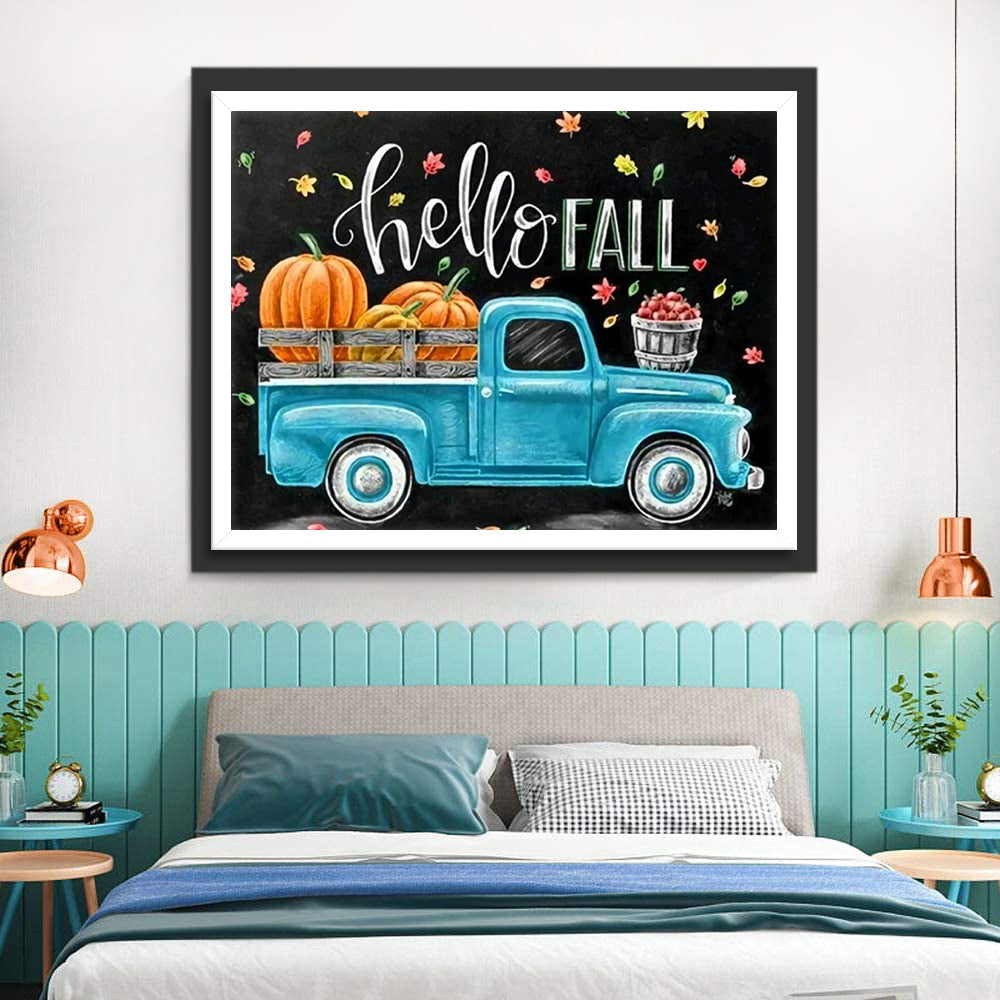 Kürbisse und blauer Wagen Diamond Painting