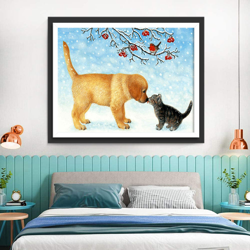 Küssende Katze und Hund im Schnee Diamond Painting