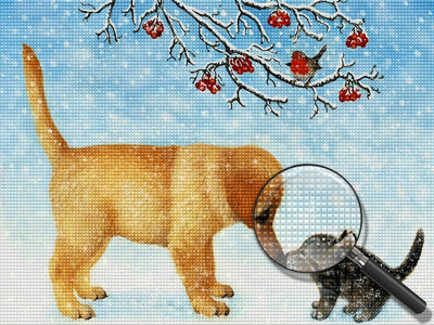 Küssende Katze und Hund im Schnee Diamond Painting