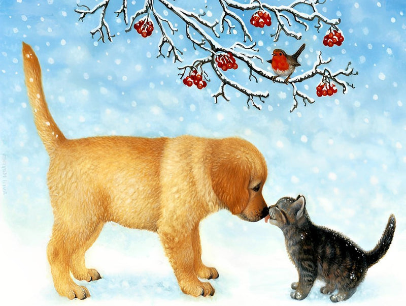 Küssende Katze und Hund im Schnee Diamond Painting