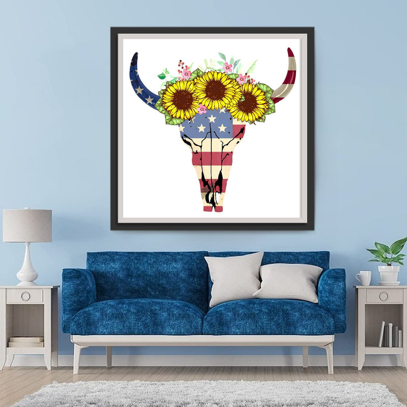 Kuh-Totenkopf mit Sonnenblumen Diamond Painting