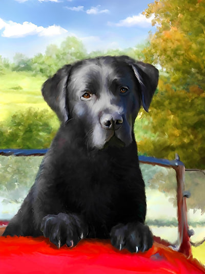 Labrador auf dem roten Wagen Diamond Painting