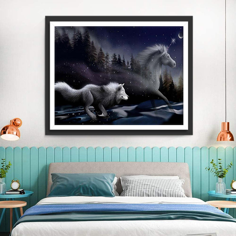 Laufender Wolf und Pferd Diamond Painting