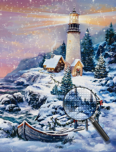 Leuchtturm und Hütte im Schnee Diamond Painting