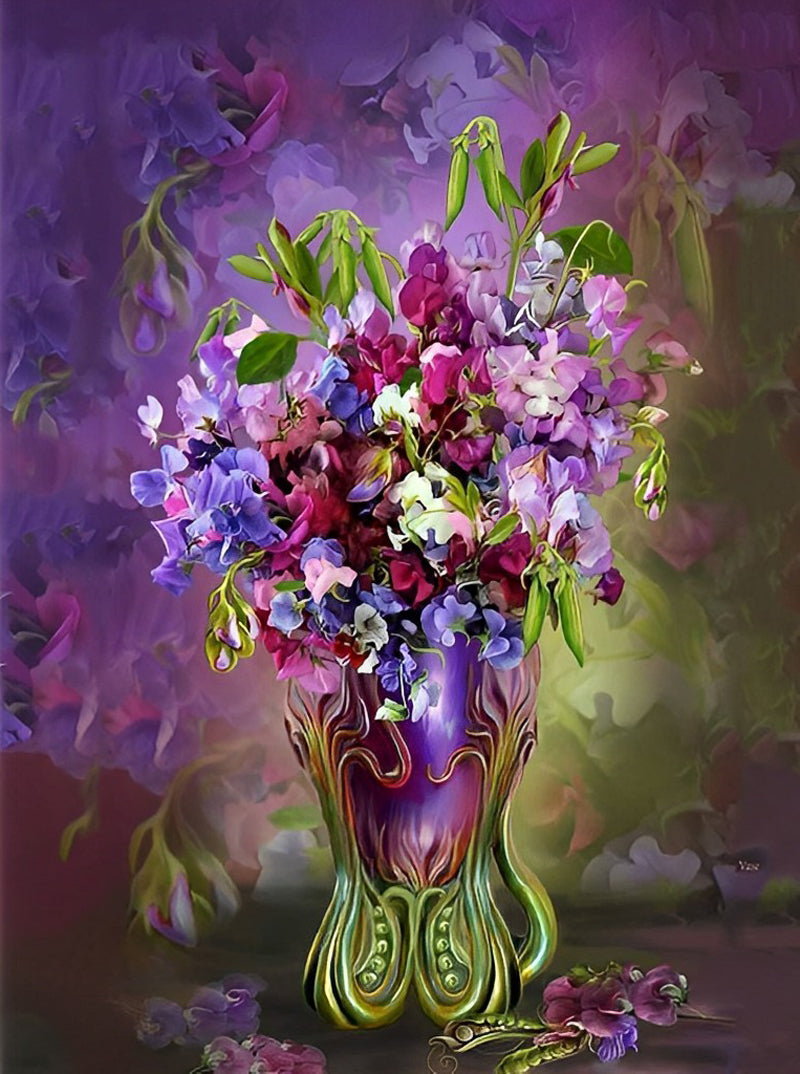 Lila Blumen in der abstrakten Flasche Diamond Painting