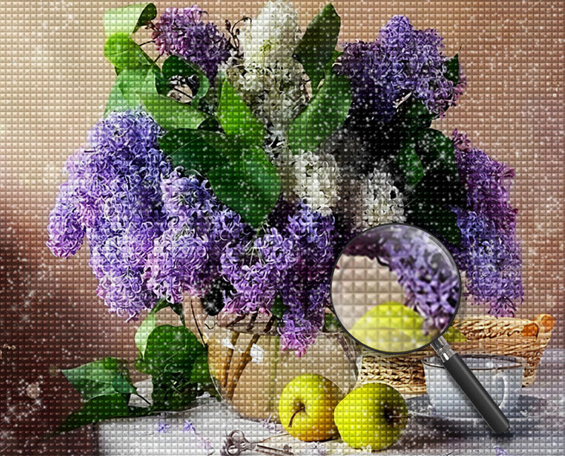 Lila Blumen und Äpfel auf dem Tisch Diamond Painting