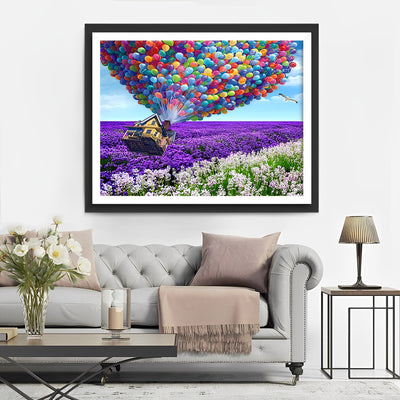 Lila Blumen und bunte Ballons Diamond Painting