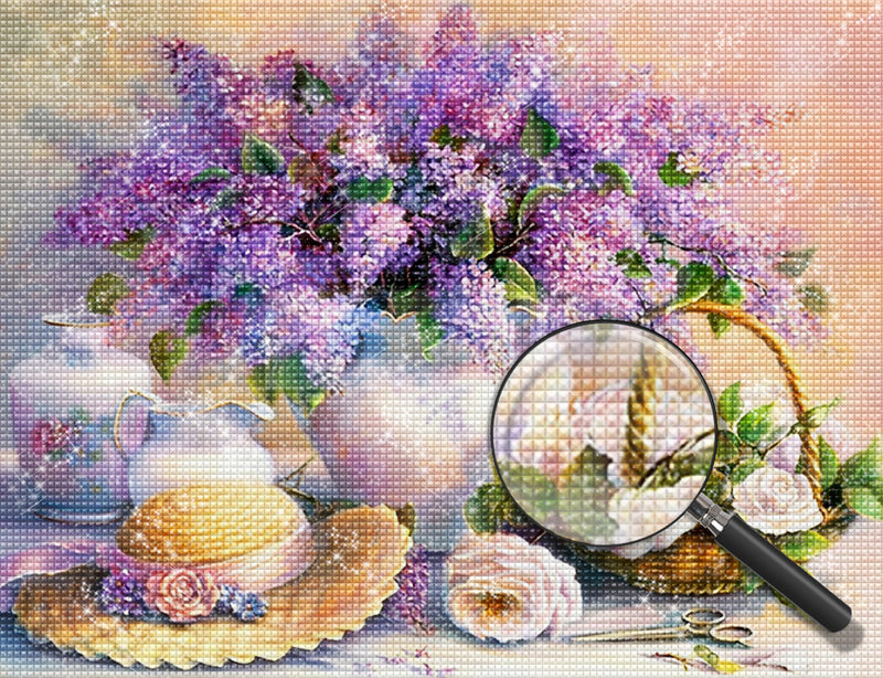 Lila Flieder und gelbe Strohhüte Diamond Painting