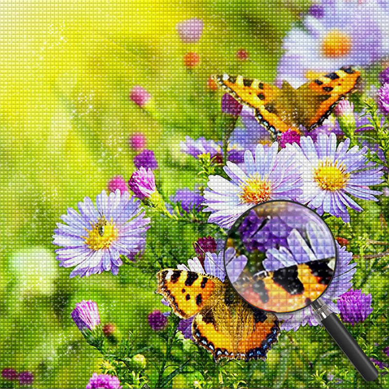 Lila Gänseblümchen und Schmetterlinge Diamond Painting